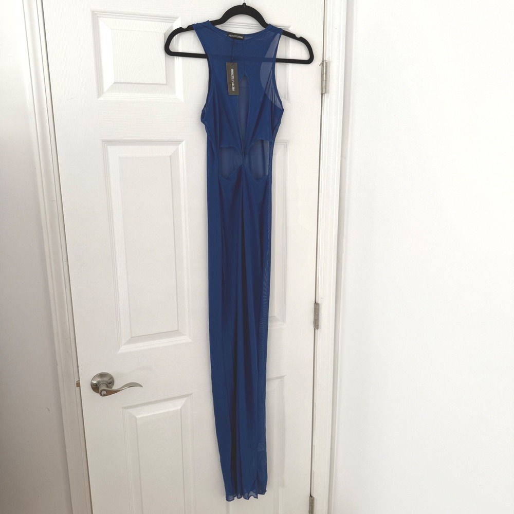 PrettyLittleThing Blue Mesh Cut Out Beach Dress 4 Sleeveless Maxi Sheer Coverup‎